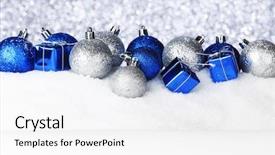  Presentation with white snow - PPT theme enhanced with blue white - christmas balls and gifts background and a white colored foreground
