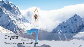  Presentation with mountain hiking - Slide set with blue white - young woman practicing yoga pose background and a light blue colored foreground