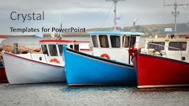  Presentation with fishing boats - Slides having blue white and red fishing boats at the pier in havre aubert in quebec canada background and a light gray colored foreground