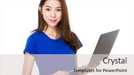  Presentation with notebook - Colorful slide deck enhanced with blue white background - woman use of notebook computer backdrop and a light gray colored foreground