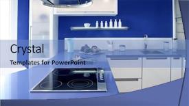  Presentation with kitchen design - Presentation design having blue white kitchen modern interior background and a teal colored foreground