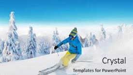  Presentation with helping man mountain - Slide set featuring blue yellow - young man skiing on piste background and a light gray colored foreground