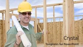  Presentation with cost saving construction - Presentation theme featuring blueprint house - smiling mature construction manager background and a  colored foreground