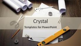  Presentation with tools - Colorful PPT theme enhanced with blueprint house - tools and papers with sketches backdrop and a mint green colored foreground