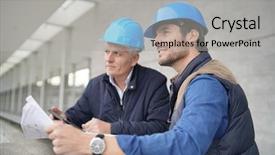  Presentation with workmen - Presentation theme enhanced with blueprint on modern building sight background and a light gray colored foreground
