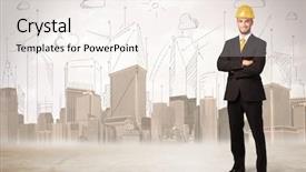  Presentation with construction site construction - Colorful presentation theme enhanced with blueprint perspective - business engineer planing at construction backdrop and a sky blue colored foreground