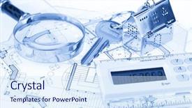  Presentation with house key - Presentation design consisting of blueprint profit - key with keychain background and a sky blue colored foreground