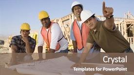  Presentation with angry construction workers - Theme enhanced with blueprint to workers at construction background and a violet colored foreground