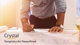  Presentation with new office - Slide set featuring blueprints - busy architect checking the details background and a coral colored foreground