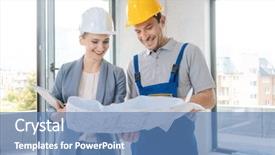  Presentation with construction worker harassment workplace - Beautiful slides featuring blueprints - construction worker and architect looking backdrop and a teal colored foreground