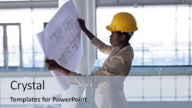  Presentation with elementary school african american female career day - Presentation theme enhanced with blueprints - side view of young african-american background and a light blue colored foreground