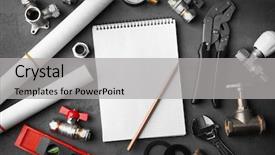  Presentation with plumber - Colorful presentation enhanced with blueprints on concrete structure backdrop and a light gray colored foreground