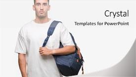  Presentation with young man on the phone - Colorful slides enhanced with blues clues - handsome young man holding backpack backdrop and a white colored foreground