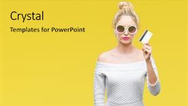  Presentation with smart card - Cool new presentation theme with blues clues - young beautiful blonde woman holding backdrop and a yellow colored foreground