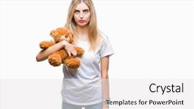  Presentation with blonde holds a magnifying glass - Presentation theme enhanced with blues clues - young beautiful blonde woman holding background and a white colored foreground