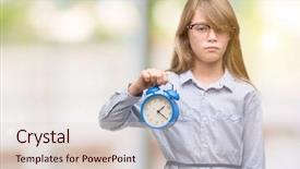  Presentation with young child brain development - PPT theme enhanced with blues clues - young blonde child holding alarm background and a  colored foreground