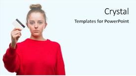  Presentation with smart card - PPT layouts with blues clues - young blonde woman holding credit background and a white colored foreground