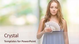  Presentation with blonde holding magnifying glass - Beautiful PPT theme featuring blues clues - young blonde woman holding dollars backdrop and a  colored foreground