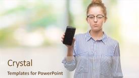  Presentation with face expression recognition - Theme consisting of blues clues - young blonde woman using smartphone background and a  colored foreground