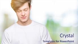  Presentation with one young man exercising handball - PPT layouts with blues clues - young man using smartphone background and a  colored foreground