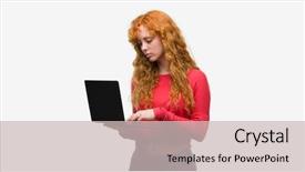  Presentation with computer - PPT theme consisting of blues clues - young redhead woman using computer background and a  colored foreground