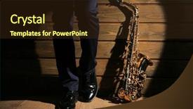  Presentation with wooden - Audience pleasing PPT theme consisting of blues music - musician with sax on wooden backdrop and a tawny brown colored foreground