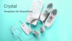 Presentation with turquoise music - Beautiful slide deck featuring blues music - sport shoes towel and headphones backdrop and a cool aqua colored foreground