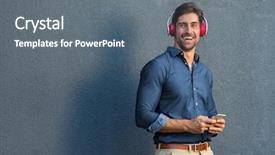 Presentation with bluetooth - PPT layouts having bluetooth technology - smiling man with headphones connected background and a gray colored foreground