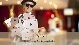  Presentation with playing cards - PPT theme featuring bluff happy blonde woman in cap playing with poker cards background and a soft green colored foreground