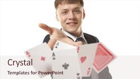  Presentation with poker - Presentation design having bluff man playing with poker cards background and a lemonade colored foreground