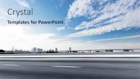  Presentation with asphalt road - PPT theme with blur emtpy asphalt road and cityscape of shanghai in blue cloud sky background and a light blue colored foreground