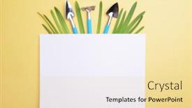  Presentation with garden tools - Beautiful PPT theme featuring blured-and-defocused-spring-yellow backdrop and a blonde colored foreground