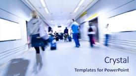  Presentation with airport - Beautiful slide set featuring blurred advancing people through airport backdrop and a sky blue colored foreground