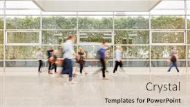  Presentation with fair trade - PPT theme having blurred-anonymous-people-are-walking background and a soft green colored foreground