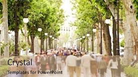  Presentation with crowd - Presentation theme featuring blurred crowd in the street background and a coral colored foreground