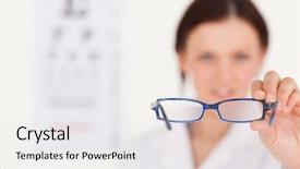  Presentation with glasses - Amazing PPT theme having blurred female optician showing glasses backdrop and a white colored foreground