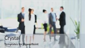  Presentation with five business people standing together and smiling - Beautiful theme featuring blurred image of business people backdrop and a light gray colored foreground