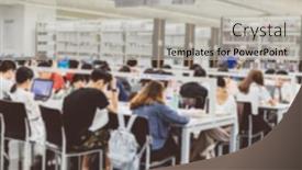  Presentation with public - Colorful PPT layouts enhanced with blurred-interior-of-public-library backdrop and a light gray colored foreground