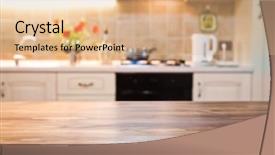  Presentation with kitchen - PPT theme having blurred kitchen interior and desk background and a coral colored foreground