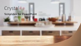  Presentation with kitchen - Audience pleasing PPT theme consisting of blurred-kitchen-interior-and-desk backdrop and a light gray colored foreground
