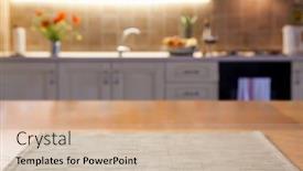  Presentation with kitchen - Cool new slides with blurred-kitchen-interior-and-desk backdrop and a soft green colored foreground