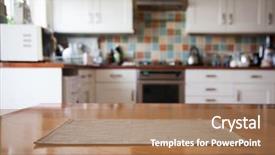  Presentation with table napkin - Cool new PPT layouts with blurred kitchen interior and napkin backdrop and a coral colored foreground