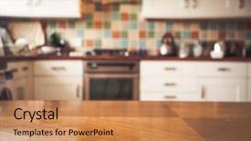  Presentation with desk in line - PPT layouts having blurred kitchen interior and napkin background and a coral colored foreground