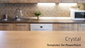  Presentation with kitchen - Presentation theme with blurred-kitchen-interior-and-wooden background and a coral colored foreground