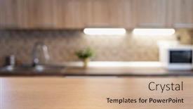  Presentation with kitchen - Audience pleasing PPT layouts consisting of blurred-kitchen-interior-and-wooden backdrop and a coral colored foreground