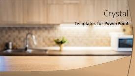  Presentation with kitchen - Cool new PPT layouts with blurred-kitchen-interior-and-wooden backdrop and a coral colored foreground