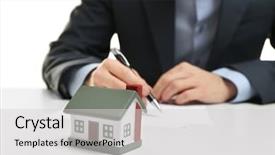  Presentation with house - Cool new slides with blurred man on background insurance backdrop and a light gray colored foreground