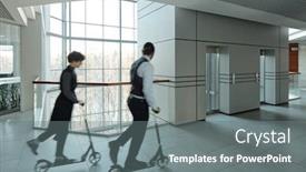  Presentation with moving business - Beautiful PPT theme featuring blurred-outlines-of-young-managers backdrop and a gray colored foreground