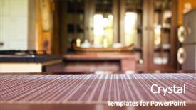  Presentation with table napkin - Theme having blurred rustic kitchen interior - focus background and a violet colored foreground