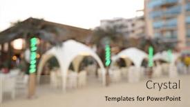  Presentation with luxury hotel - Colorful slide deck enhanced with blurred-view-on-beach-bar backdrop and a mint green colored foreground